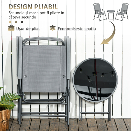  Set de Exterior din 3 Piese cu Masa cu Blat din Sticla si 2 Scaune Pliabile din Plasa, Ф45x50 cm, Gri Deschis [3]