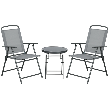 Seturi mobilier -  Set de Exterior din 3 Piese cu Masa cu Blat din Sticla si 2 Scaune Pliabile din Plasa, Ф45x50 cm, Gri Deschis