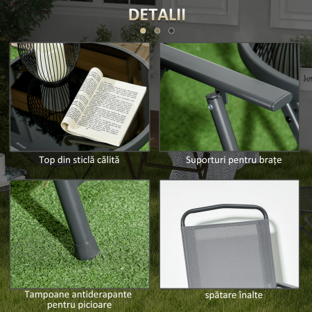  Set de Exterior din 3 Piese cu Masa cu Blat din Sticla si 2 Scaune Pliabile din Plasa, Ф45x50 cm, Gri Deschis [6]