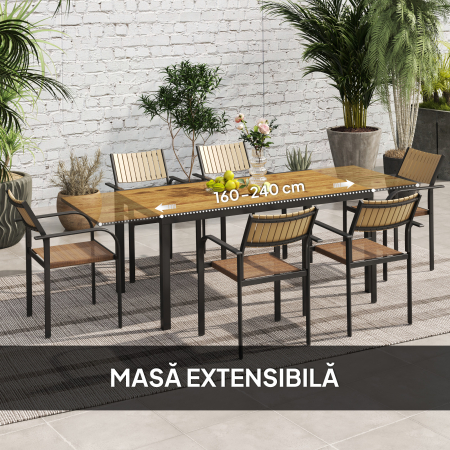  Set de Exterior din 7 Piese cu Masa Extensibila si 6 Scaune Suprapozabile, 160/240x90x74 cm, Maro [3]