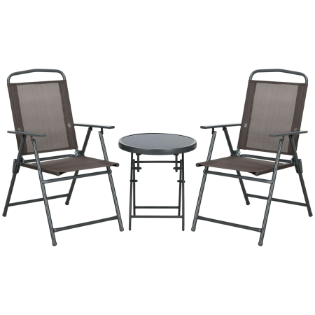 Seturi mobilier -  Set de Gradina 3 Piese cu 2 Scaune Pliabile si Masa Rotunda, Set Mobilier de Exterior din Metal si Sticla, Maro