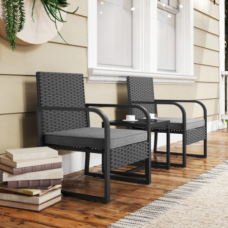  Set de Gradina 3 Piese din Rattan PE si Otel, Set cu 2 Fotolii si Perne Lavabile, Masa de Cafea cu Blat din Sticla, Mobilier de Balcon pentru Terasa sau Curte, Gri inchis si Negru [8]