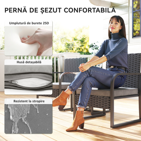  Set de Gradina 3 Piese din Rattan PE si Otel, Set cu 2 Fotolii si Perne Lavabile, Masa de Cafea cu Blat din Sticla, Mobilier de Balcon pentru Terasa sau Curte, Gri inchis si Negru [6]