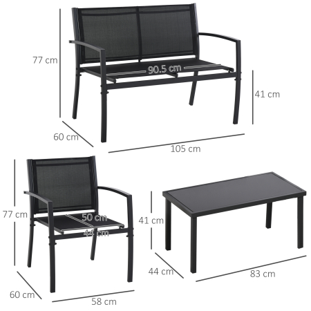  Set de Gradina 4 bucati cu Masuta de cafea, 2 Scaune si o Panca in Metal, Negru [2]