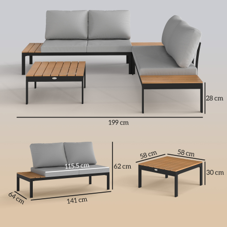  Set de Gradina 4 Piese cu 2 Canapele pentru 2 Persoane si 2 Mese din Metal si Lemn Compus, Gri-Negru si Teak [2]