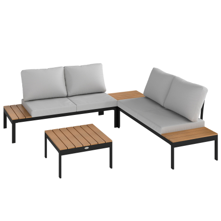 Gradina & balcon -  Set de Gradina 4 Piese cu 2 Canapele pentru 2 Persoane si 2 Mese din Metal si Lemn Compus, Gri-Negru si Teak