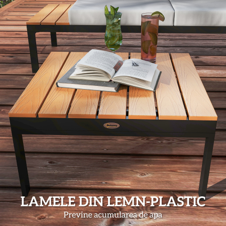  Set de Gradina 4 Piese cu 2 Canapele pentru 2 Persoane si 2 Mese din Metal si Lemn Compus, Gri-Negru si Teak [6]