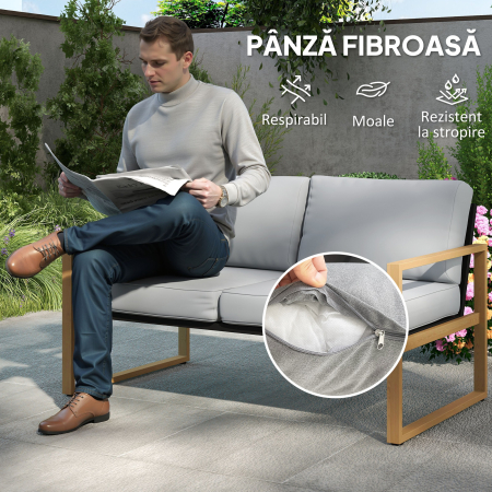 Set de Gradina  4 Piese cu 2 Fotolii, Divan si Masuta, din Aluminiu si Fibra, Gri si Culoare Lemn [5]