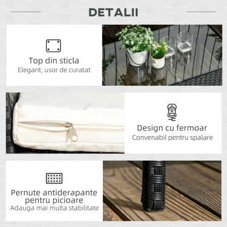  Set de Gradina 4 Piese din Ratan cu 2 Scaune, Fotoliu de Gradina cu 2 Locuri si Masuta Joasa de Cafea, Negru si Crem [5]