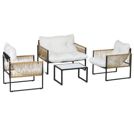 Gradina & balcon -  Set de Gradina 4 Piese din Ratan cu Canapea, 2 Scaune si Masuta de Cafea, Negru, Maro si Crem