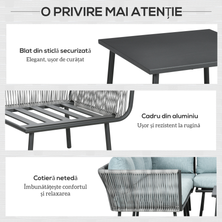  Set de Gradina 4 Piese din Ratan si Aluminiu cu Masuta de Cafea, 2 Canapele pe Colt si Fotoliu, Albastru [5]