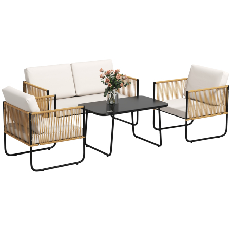 Seturi mobilier -  Set de Gradina 4 Piese din Ratan si Otel cu Canapea, 2 Fotolii de Exterior si Masuta Joasa, Multicolor