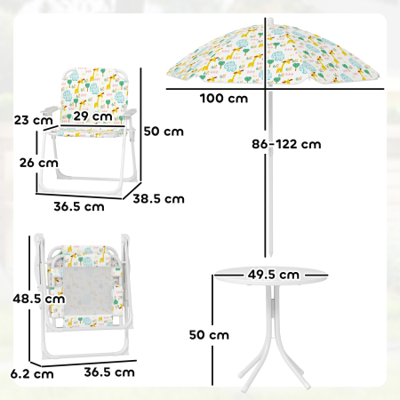  Set de Gradina 4 Piese pentru Copii cu Model Girafa si Elefant, Masa Rotunda, 2 Scaune Pliabile si o Umbrela, Set Masa cu Scaune pentru Copii 2-5 Ani, Alb [2]