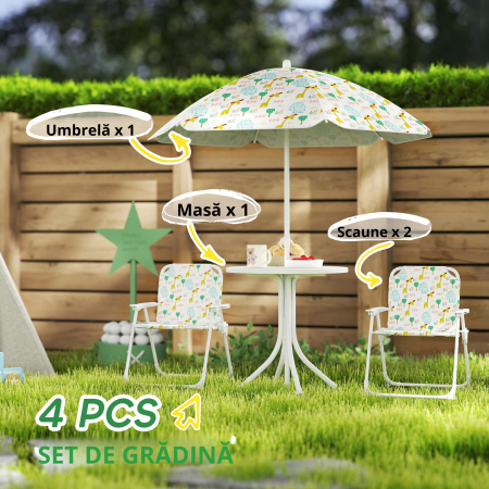  Set de Gradina 4 Piese pentru Copii cu Model Girafa si Elefant, Masa Rotunda, 2 Scaune Pliabile si o Umbrela, Set Masa cu Scaune pentru Copii 2-5 Ani, Alb [5]
