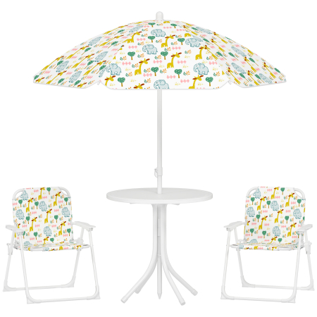 Gradina & balcon -  Set de Gradina 4 Piese pentru Copii cu Model Girafa si Elefant, Masa Rotunda, 2 Scaune Pliabile si o Umbrela, Set Masa cu Scaune pentru Copii 2-5 Ani, Alb