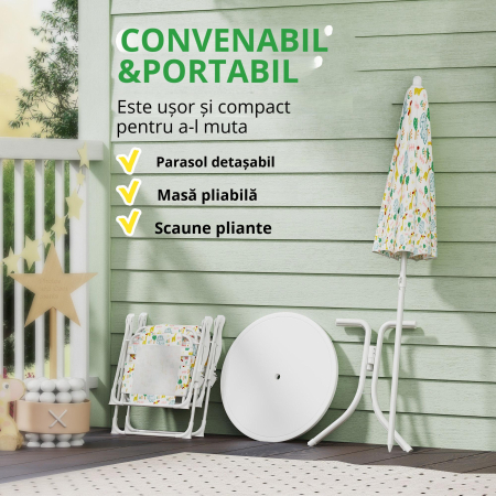  Set de Gradina 4 Piese pentru Copii cu Model Girafa si Elefant, Masa Rotunda, 2 Scaune Pliabile si o Umbrela, Set Masa cu Scaune pentru Copii 2-5 Ani, Alb [4]