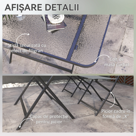  Set de Gradina 5 Piese - 4 Scaune Pliabile din Textilene si Masa din Sticla Securizata, Gri [6]