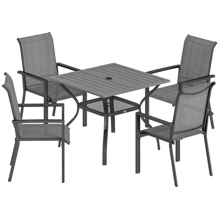  Set de Gradina 5 piese din Otel cu 4 Scaune Stivuibile si Masa cu Orificiu Central si Raft Inferior, Gri [0]