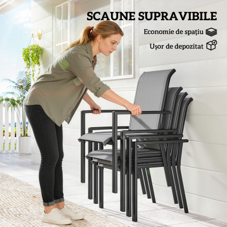  Set de Gradina 5 piese din Otel cu 4 Scaune Stivuibile si Masa cu Orificiu Central si Raft Inferior, Gri [5]