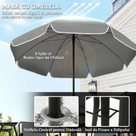  Set de Gradina 6 Piese din Otel cu 4 Scaune Pliabile, Umbrela si Masa Rotunda, Gri si Negru [7]