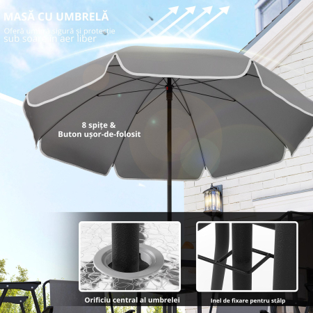  Set de Gradina 6 Piese din Otel cu 4 Scaune Pliabile, Umbrela si Masa Rotunda, Gri si Negru [3]