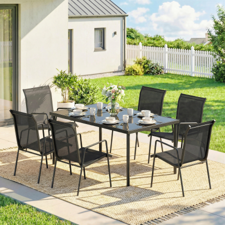  Set de Gradina 7 piese din Otel cu 6 Scaune Stivuibile din Textilena si Masa de Cafea cu Blat din Sticla, Negru [1]