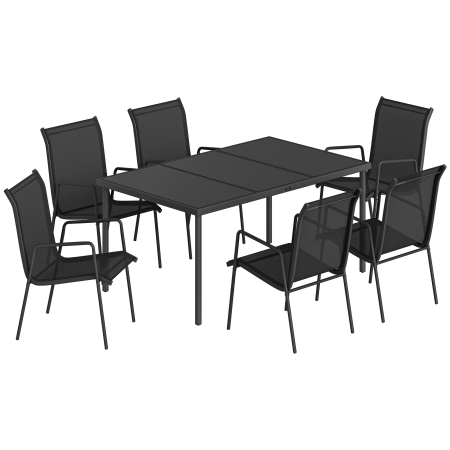 Gradina & balcon -  Set de Gradina 7 piese din Otel cu 6 Scaune Stivuibile din Textilena si Masa de Cafea cu Blat din Sticla, Negru