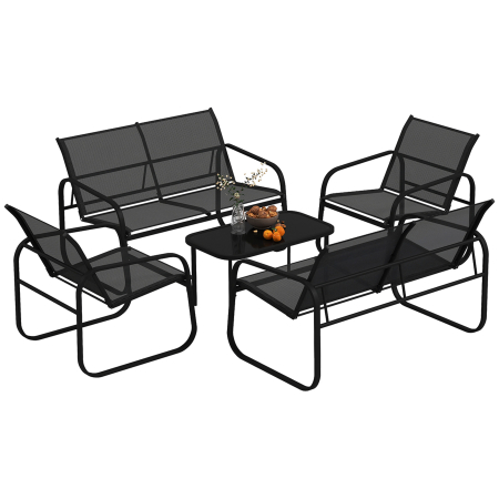 Gradina & balcon -  Set de Gradina cu 2 Canapele cu 2 Locuri, 2 Fotolii si o Masuta de Cafea cu Blat din Sticla, Negru