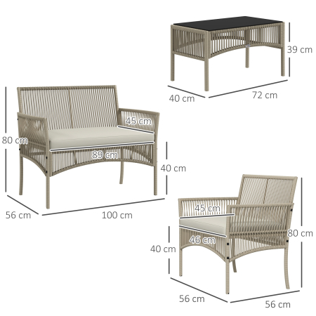  Set de Gradina cu 2 Fotolii de Exterior, Canapea si Masuta, 56x56x80 cm, Kaki [2]