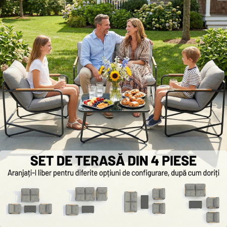 Set de Gradina  cu Canapea, 2 Fotolii si Masuta cu Blat din Sticla, Mobilier de Exterior cu Perne Groase, Gri Deschis [3]