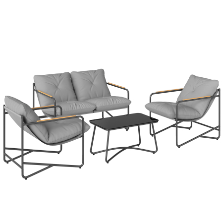 Seturi mobilier - Set de Gradina  cu Canapea, 2 Fotolii si Masuta cu Blat din Sticla, Mobilier de Exterior cu Perne Groase, Gri Deschis