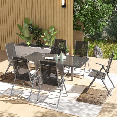  Set de Gradina cu Masa Extensibila din Sticla si 6 Scaune de Exterior Pliabile, Otel si Textilena, Gri [1]