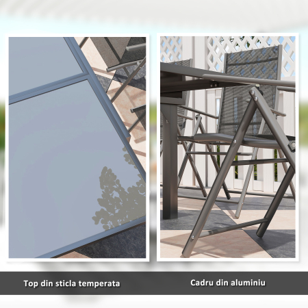  Set de Gradina cu Masa Extensibila din Sticla si 6 Scaune de Exterior Pliabile, Otel si Textilena, Gri [6]