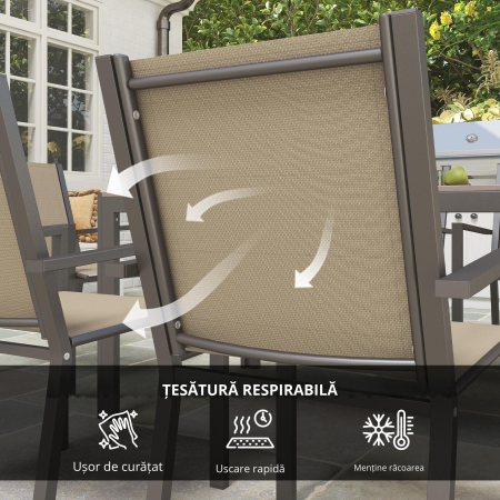  Set de Gradina din 7 Piese cu Masa din Plastic-Lemn si 6 Fotolii Stivuibile cu sezut si Spatar, 150x90x73 cm, Maro [3]