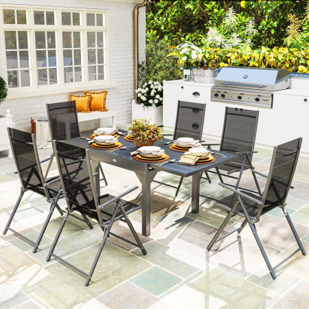  Set de Gradina din 7 Piese cu Masa Extensibila si 6 Scaune Pliabile cu Brate, 90/180x90x75 cm, Gri si Negru [1]