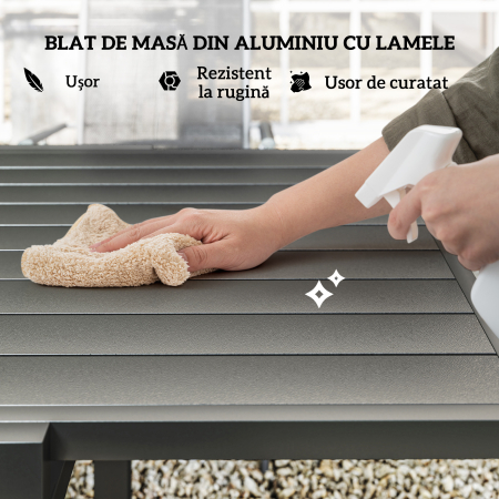  Set de Gradina din 7 Piese cu Masa Extensibila si 6 Scaune Pliabile cu Brate, 90/180x90x75 cm, Gri si Negru [4]