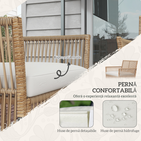  Set de Gradina din Ratan, 4 Piese, cu 2 Fotolii, Canapea si Masuta de Cafea, Natural si Negru [3]