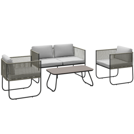 Seturi mobilier -  Set de Gradina din Ratan cu Canapea de 2 Locuri, 2 Fotolii si Masuta cu Sticla, Perne Detasabile, Gri