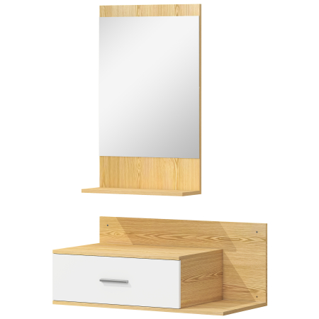 Living & hol -  Set de Intrare cu Oglinda cu Raft si Dulap Suspendat cu Sertar si 2 Rafturi Deschise, din Lemn si Sticla