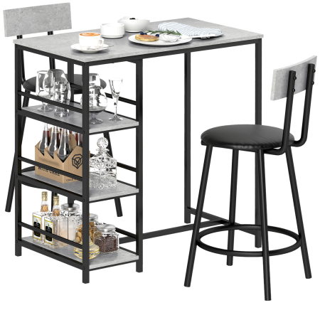 Scaune bucatarie & living -  Set de luat masa din 3 piese cu bar cu rafturi si 2 scaune inalte cu spatar, gri deschis