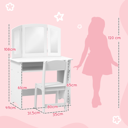  Set de Machiaj pentru Fetite de 3-6 ani cu Oglinda Tripla Detasabila si Scaun din Lemn, 80x49x108 cm, Alb [2]