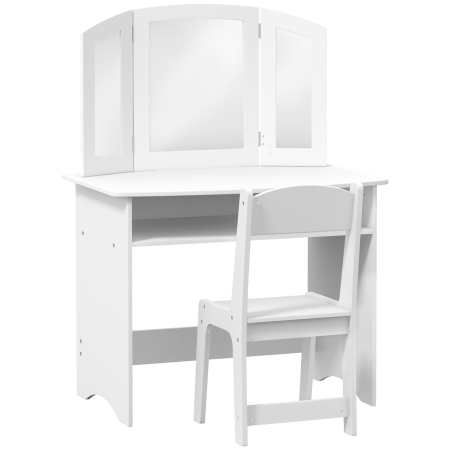 Dormitor & birou -  Set de Machiaj pentru Fetite de 3-6 ani cu Oglinda Tripla Detasabila si Scaun din Lemn, 80x49x108 cm, Alb