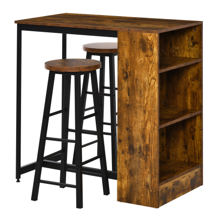 Scaune bucatarie & living -  Set de masa cu bar cu 3 rafturi si 2 scaune inalte cu suport pentru picioare, stil industrial, maro