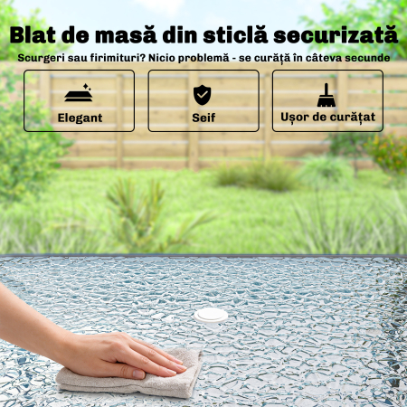  Set de Masa de Gradina 8 Piese cu Umbrela, Set Mobilier Gradina cu 6 Scaune Pliabile, Masa din Sticla Temperata si Umbrela pentru Terasa, Gri [7]