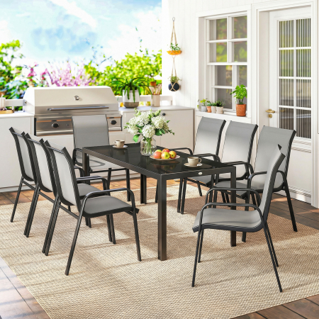 Set de Masa de Gradina 9 Piese, Masa si Scaune pentru 8 Persoane, Set Exterior cu Blat din Sticla Temperata, Gri [7]