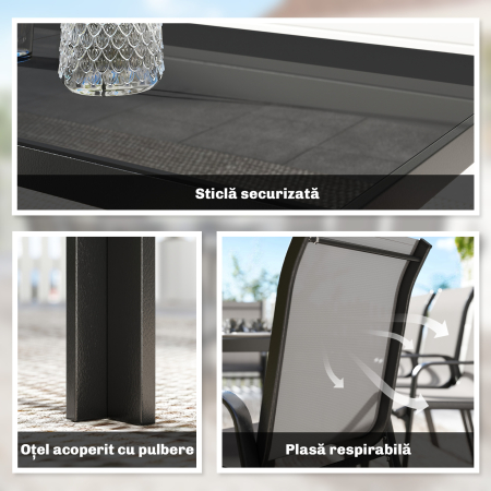  Set de Masa de Gradina 9 Piese, Masa si Scaune pentru 8 Persoane, Set Exterior cu Blat din Sticla Temperata, Gri [4]