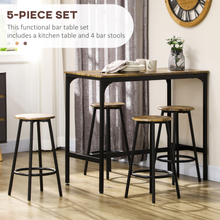  Set de masa si scaune de bar 5 piese, Masa industriala cu economie de spatiu si 4 scaune rotunde de bar cu cadru metalic pentru bar, sufragerie, Maro rustic [5]