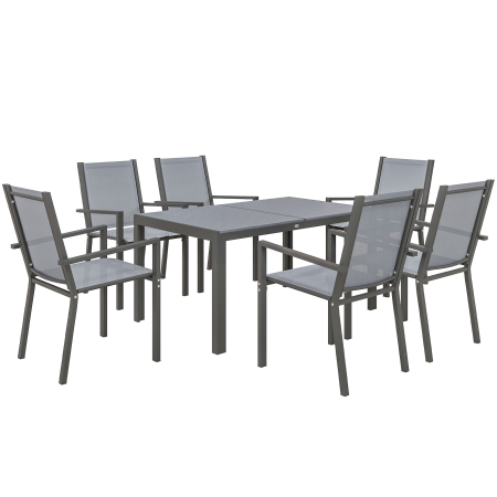 Gradina & balcon -  Set de Mobilier de Gradina cu 7 Piese, Masa si 6 Scaune Stivuibile, Mobilier din Otel Textilen, Gri Deschis