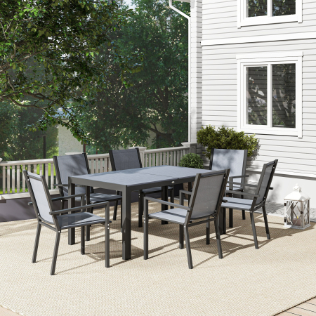  Set de Mobilier de Gradina cu 7 Piese, Masa si 6 Scaune Stivuibile, Mobilier din Otel Textilen, Gri Deschis [7]