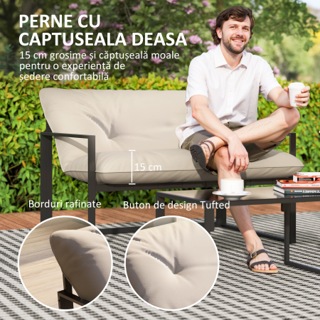  Set de Mobilier de Gradina din 4 Piese cu Canapea, 2 Fotolii si Masuta, din Otel, Poliester si Bumbac PP, Bej si Gri [3]